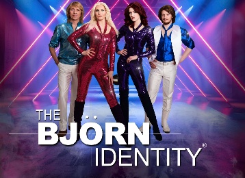 Vibrant tribute band Björn Identity performing ABBA hits under dynamic stage lights.
