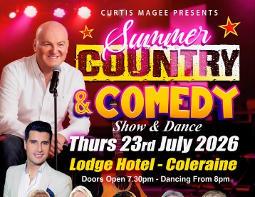 Colourful poster for Summer Country & Comedy Show at Lodge Hotel, Coleraine, featuring musicians and dancers.