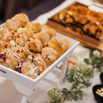 Delicious pastries and savoury bites on elegant buffet at luxury hotel catering event.