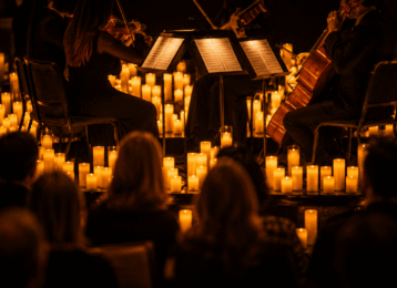 Candlelit live string quartet performance in elegant hotel venue.