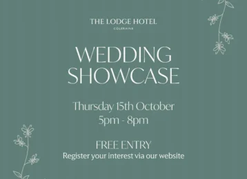Elegant wedding showcase invitation featuring floral accents and event details at The Lodge Hotel, Coleraine.