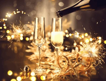 Two champagne flutes on a decorated table as bubbly is poured, with sparklers, golden baubles and festive lights — celebratory hotel New Year setting