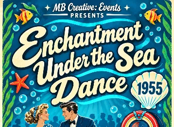 Retro 1950s dance poster style hotel event graphic showing a couple dancing beside a jukebox, sea motifs, and event details