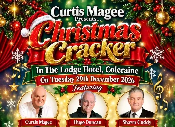 Festive hotel Christmas Cracker poster with decorated pine, baubles and gifts, event details, ticket price and lodge hotel branding