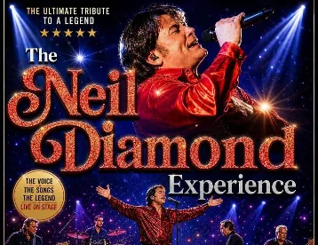Stage poster showing a singer in a red shirt under spotlights with live band, glittering text and concert atmosphere — ideal for entertainment-seeking guests
